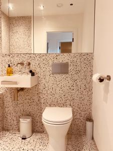 a bathroom with a toilet and a sink at Spacious 3 Bed City Apartment with Terrace in London