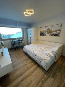 ein Schlafzimmer mit einem Bett und einem Tisch mit Stühlen in der Unterkunft Studio au centre des 4 vallées in Nendaz