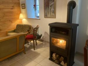 a living room with a wood stove and a couch at Le cordonnier du Staedel in La Petite-Pierre