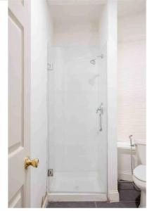 a bathroom with a shower and a toilet at SUITE DREAMs CARROLL 10 in Paterson