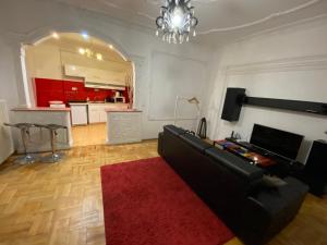 a living room with a black couch and a red rug at HearT of the city 2 bedroms, living rooms, bathrooms, with AC in Budapest