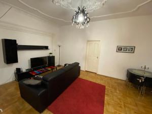 a living room with a black couch and a red rug at Apartment with Balcony and AC next to Danube in Budapest