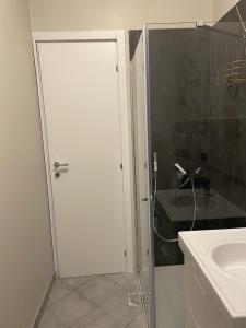 baño con ducha en la puerta trasera y lavamanos en Casa M&N, en Thiene