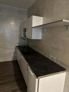 una cucina con armadi bianchi e piano di lavoro nero di Apartamentos RK 13 a Bilbao