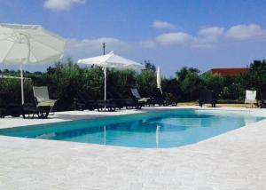a swimming pool with chairs and an umbrella at Oasi di Francesca B&B in Pontinia