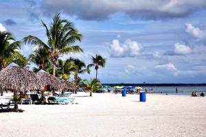 una playa con sillas, palmeras y el océano en Boca del Mar Residence, Boca Chica en Boca Chica