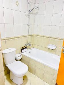 a bathroom with a toilet and a bath tub at Stay at Al Ghaimah Holiday Homes 1 Bedroom Apartment Near Airport in Dubai