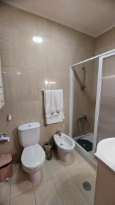 een badkamer met een toilet, een wastafel en een douche bij Paim Maria in Ponta Delgada