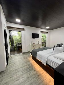 a bedroom with a bed and a flat screen tv at Hotel Boutique Casa Del Rio in Fortuna