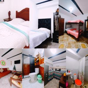 a collage of four pictures of a bedroom at Hostal Posada Del Corazón in Salento