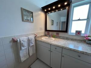 W łazience znajduje się umywalka i lustro. w obiekcie Cozy private studio w/own yard - 3mi from Beach w mieście Seminole