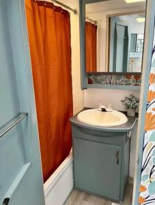 ein Bad mit einem Waschbecken und einem Spiegel in der Unterkunft Happy Camper - Close to Mackinac Island in Carp Lake