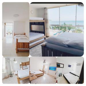 un collage de cuatro fotos de un dormitorio en Luna Azul Rodadero apartaestudios en Santa Marta