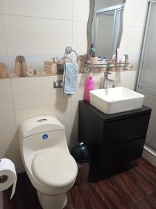 bagno con servizi igienici bianchi e lavandino di Bello y acogedora casa -departamento habitaciones a Lima