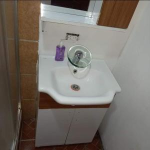 a white sink in a bathroom with a mirror at TOnat Caribe Hostel01 in West End