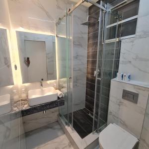 a bathroom with a shower and a sink and a toilet at White Garden Hotel in Maputo