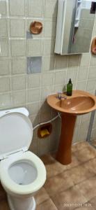 a bathroom with a toilet and a sink at Casa prática e completa próxima de tudo in Ubatuba