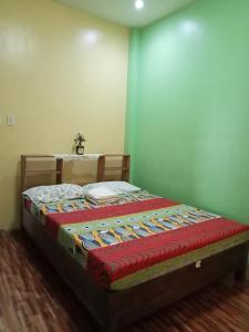 a bed in a room with a green wall at Josephine's Home Donsol Sorsogon in Donsol