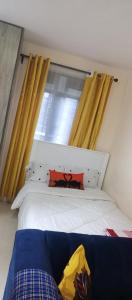 een slaapkamer met een bed en een raam met gele gordijnen bij Jeyd studio apartments in Ongata Rongai 