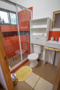 een badkamer met een toilet, een douche en een wastafel bij Lodge Terra Mar in Pichilemu