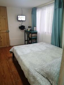 a bedroom with a bed and a tv and a window at Hotel Cotobruseño 