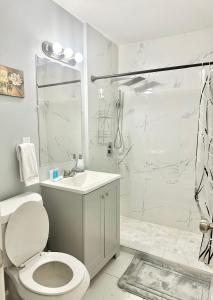 a white bathroom with a toilet and a shower at Karizma Haven in Midtown Memphis in Memphis