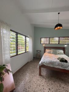 a bedroom with a bed and two large windows at Stay at Eden on the River in Port Vila