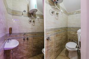 twee foto's van een badkamer met toilet en wastafel bij FabExpress Hanuman Ji in Ayodhya