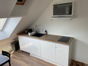 una cocina con fregadero y microondas en Studio 302 - Hyper Centre - Intégralement rénové - Toutes commodités à pied, en Saint-Nazaire