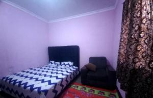 um quarto com uma cama e uma cadeira em Bright Backpackers home stay em Mwanza