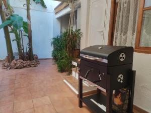 una estufa negra en una habitación con plantas en Encantadora casa de pueblo en Sagunto