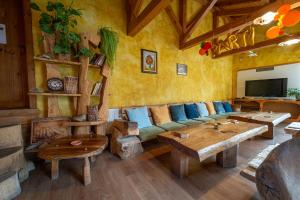 a living room with a couch and tables and a tv at Kandaphery Guest Houses in Miykovtsi