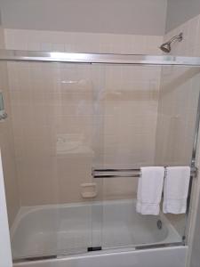 y baño con ducha y puerta de cristal. en In Law Unit, 2 bedroom Suite, en Roseville