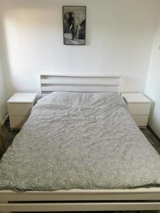 ein Schlafzimmer mit einem Bett mit zwei Nachttischen in der Unterkunft Casa în regim hotelier in Dofteana