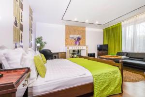 ティミショアラにあるPensiunea Venusのベッドルーム1室(大型ベッド1台、緑の毛布付)