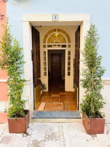 an entrance to a building with two trees in pots at Casa 1928 - 1 IZQ - Plaza de España in Seville