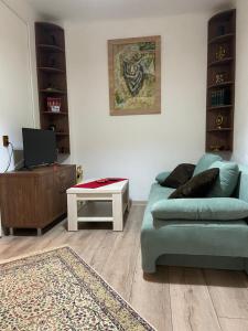 ein Wohnzimmer mit einem Sofa und einem Tisch in der Unterkunft Casa Mountain view in Braşov