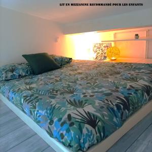 a bedroom with a bed with a blue and green comforter at Studio du Pouverel in La Garde