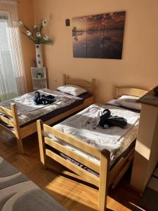 two twin beds in a room at Apartman B&S Apatin in Apatin