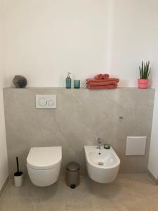 カールスルーエにあるAlma - Art Luxus Modern Ambienteのトイレと洗面台付きのバスルーム