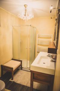 a bathroom with a shower and a sink at Ubytovanie Nitrianske Pravno in Prievidza