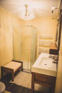 a bathroom with a shower and a sink at Ubytovanie Nitrianske Pravno in Prievidza +7 photos