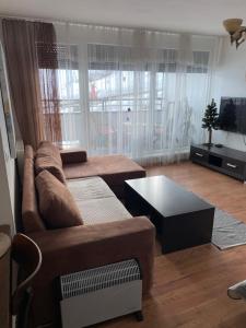 sala de estar con sofá y mesa de centro en Útulný apartmán 50m od lyžiarskeho vleku Triangel en Donovaly