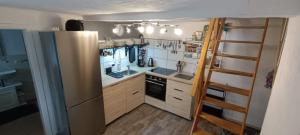 uma cozinha com um frigorífico de aço inoxidável e uma escada em Ferienhaus an See em Nohfelden