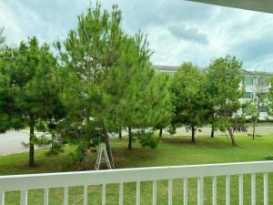 a person standing on a ladder in a yard with trees at Home Feel-Camellia Suites in Kampar