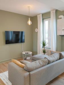 een woonkamer met een bank en een tv bij L’Atmosphère | Centre-Ville Netflix | Mon Groom in Troyes