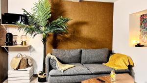 ein Wohnzimmer mit einem Sofa und einer Palme in der Unterkunft Appartement complet 2 chambres in Signes
