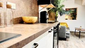 uma cozinha com um balcão com uma tigela de madeira em Appartement complet 2 chambres em Signes