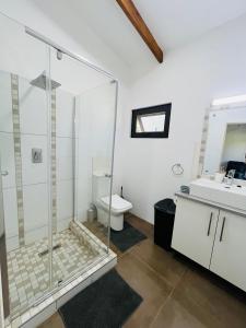 a bathroom with a shower and a toilet and a sink at Twin House #2 in Ponta do Ouro