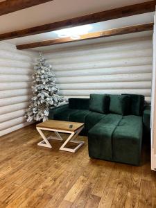 a living room with a green couch and a christmas tree at Байка Карпат in Vorokhta